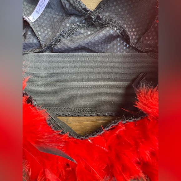 Halloween/Dance costume. Black and red sequin and feather skirt and halter top. - Picture 6 of 7